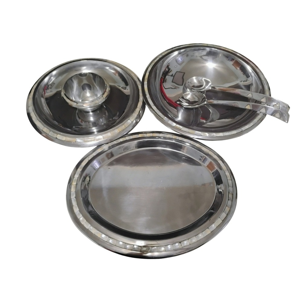 Vintage‎ Towle Mother of Pearl Entertaining Set Platter Bowl Fork Spoon Trio